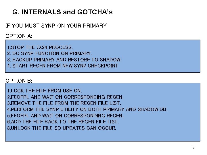G. INTERNALS and GOTCHA’s IF YOU MUST SYNP ON YOUR PRIMARY OPTION A: 1.