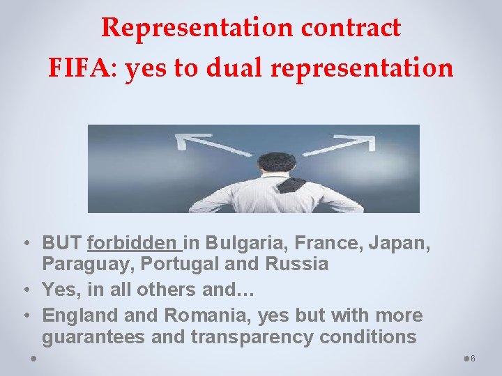 Representation contract FIFA: yes to dual representation • BUT forbidden in Bulgaria, France, Japan,