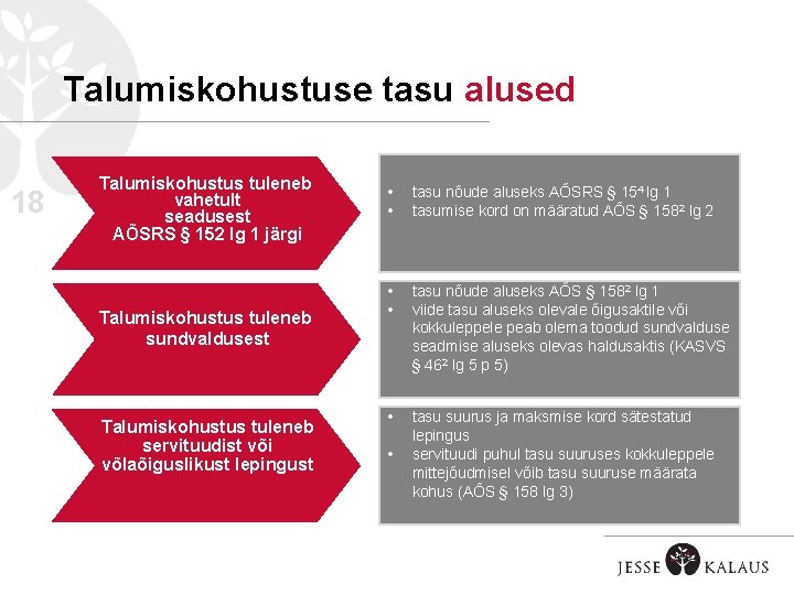 Talumiskohustuse tasu alused 18 Talumiskohustus tuleneb vahetult seadusest AÕSRS § 152 lg 1 järgi