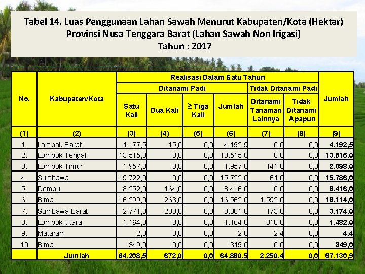 Tabel 14. Luas Penggunaan Lahan Sawah Menurut Kabupaten/Kota (Hektar) Provinsi Nusa Tenggara Barat (Lahan