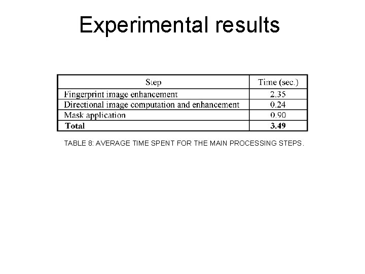 Experimental results TABLE 8: AVERAGE TIME SPENT FOR THE MAIN PROCESSING STEPS. 