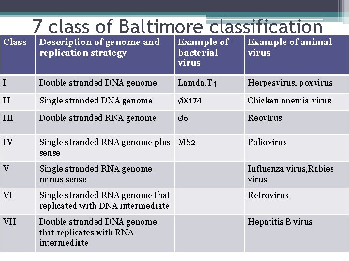Class 7 class of Baltimore classification Description of genome and replication strategy Example of