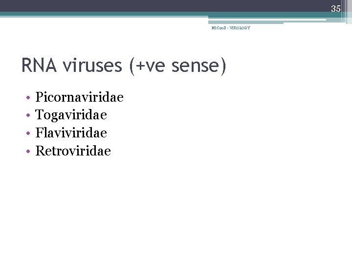 35 MIC 208 - VIROLOGY RNA viruses (+ve sense) • • Picornaviridae Togaviridae Flaviviridae