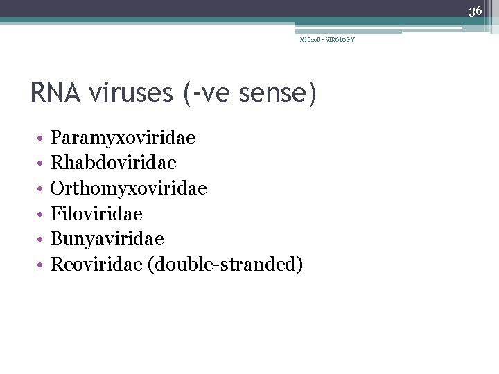 36 MIC 208 - VIROLOGY RNA viruses (-ve sense) • • • Paramyxoviridae Rhabdoviridae