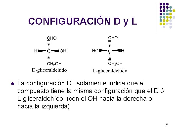 CONFIGURACIÓN D y L l La configuración DL solamente indica que el compuesto tiene CONFIGURACIÓN D y L l La configuración DL solamente indica que el compuesto tiene