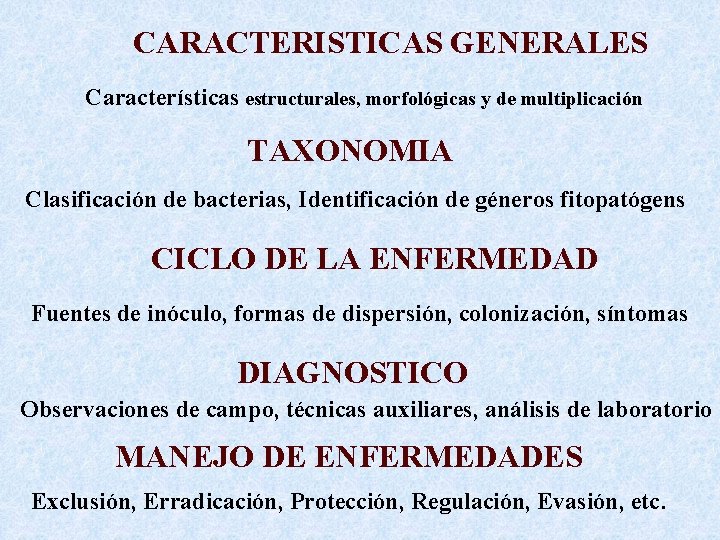 CARACTERISTICAS GENERALES Características estructurales, morfológicas y de multiplicación TAXONOMIA Clasificación de bacterias, Identificación de