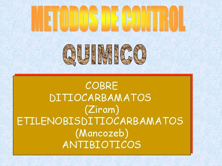 COBRE DITIOCARBAMATOS (Ziram) ETILENOBISDITIOCARBAMATOS (Mancozeb) ANTIBIOTICOS 