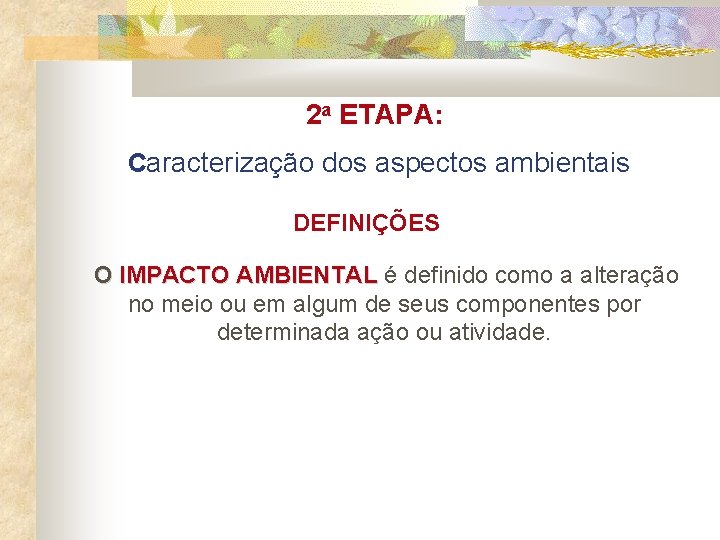 2 a ETAPA: Caracterização dos aspectos ambientais DEFINIÇÕES O IMPACTO AMBIENTAL é definido como