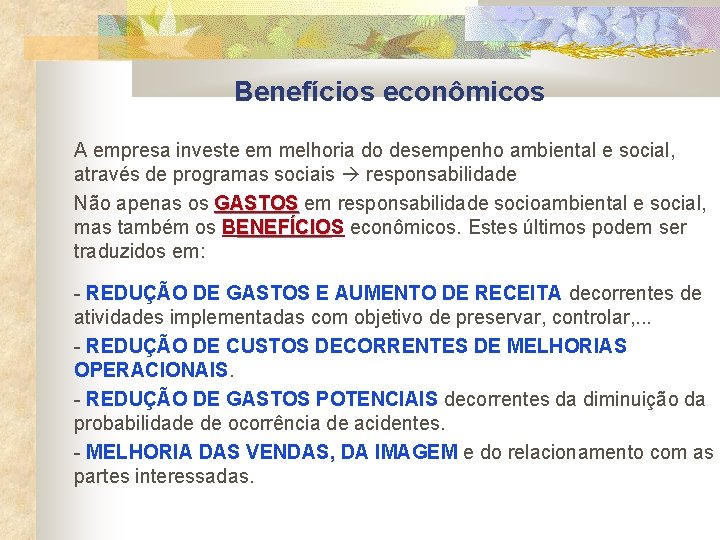 Benefícios econômicos A empresa investe em melhoria do desempenho ambiental e social, através de