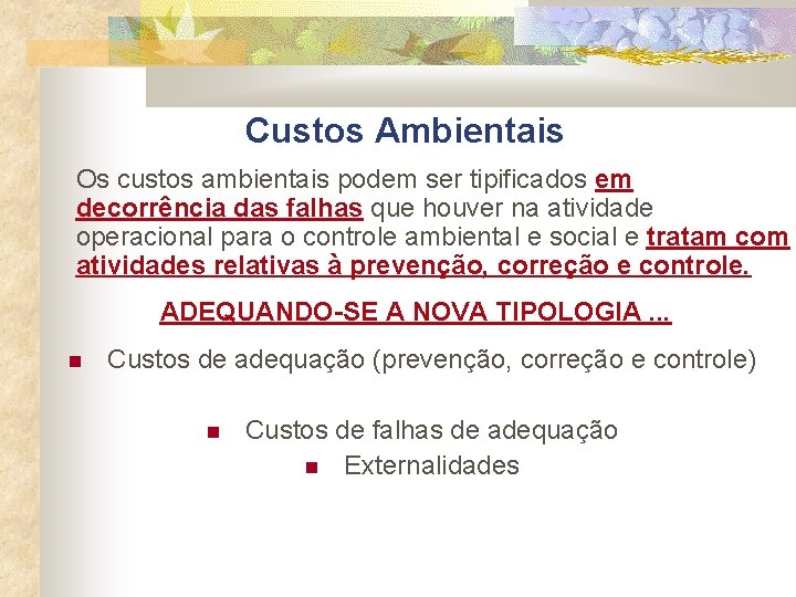 Custos Ambientais Os custos ambientais podem ser tipificados em decorrência das falhas que houver