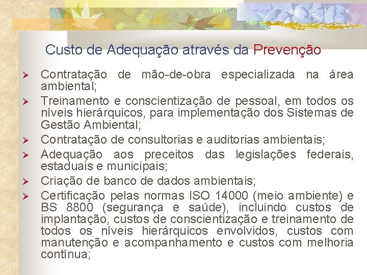 Custo de Adequação através da Prevenção Contratação de mão-de-obra especializada na área ambiental; Treinamento