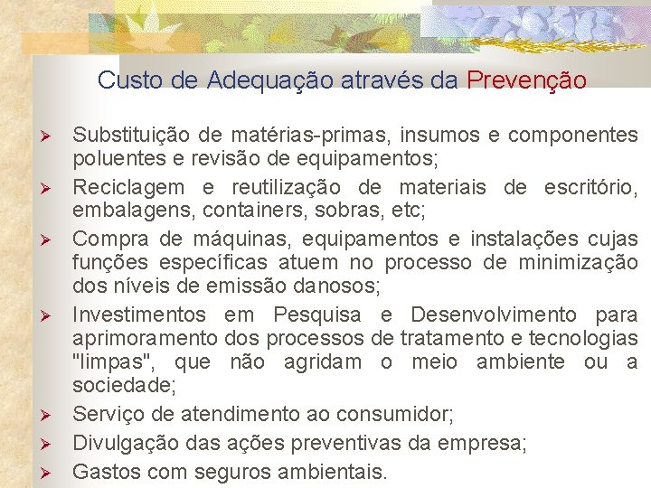 Custo de Adequação através da Prevenção Substituição de matérias-primas, insumos e componentes poluentes e