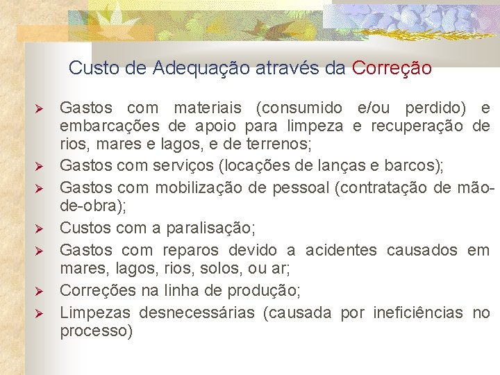 Custo de Adequação através da Correção Gastos com materiais (consumido e/ou perdido) e embarcações