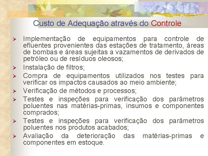 Custo de Adequação através do Controle Implementação de equipamentos para controle de efluentes provenientes