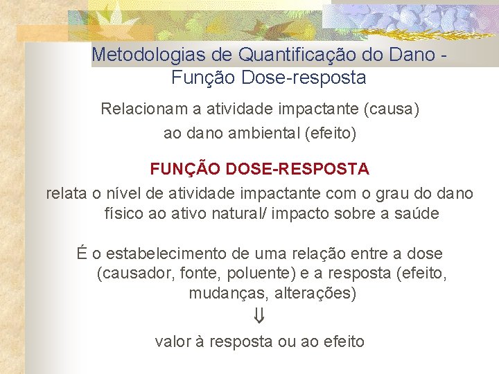 Metodologias de Quantificação do Dano Função Dose-resposta Relacionam a atividade impactante (causa) ao dano