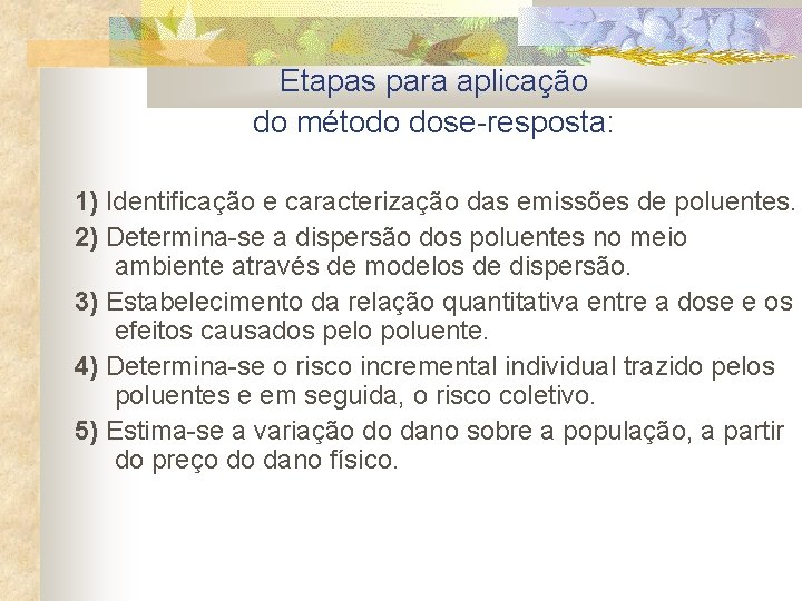 Etapas para aplicação do método dose-resposta: 1) Identificação e caracterização das emissões de poluentes.