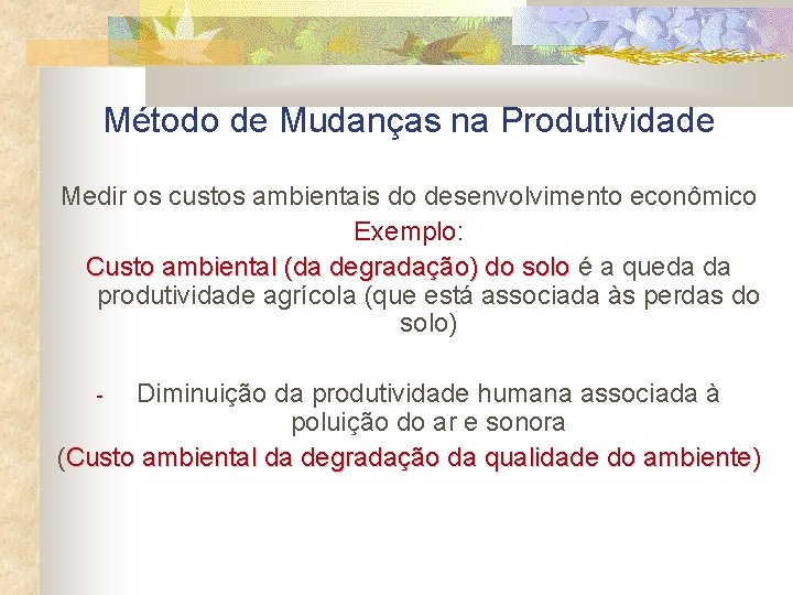 Método de Mudanças na Produtividade Medir os custos ambientais do desenvolvimento econômico Exemplo: Custo