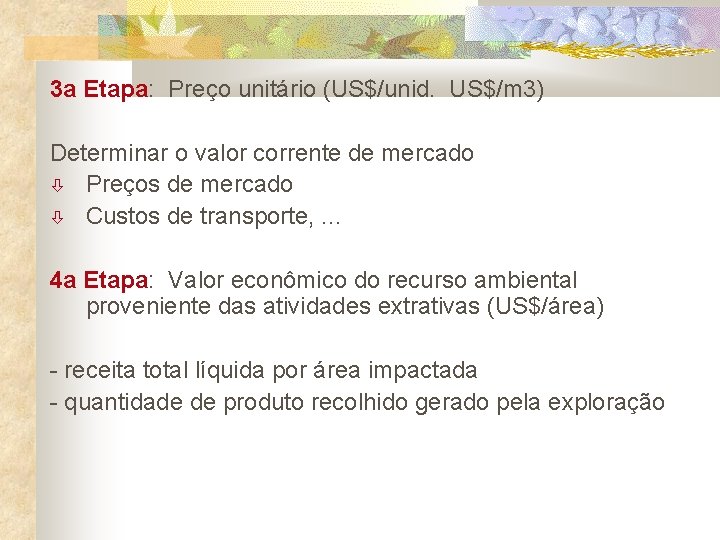 3 a Etapa: Preço unitário (US$/unid. US$/m 3) Determinar o valor corrente de mercado