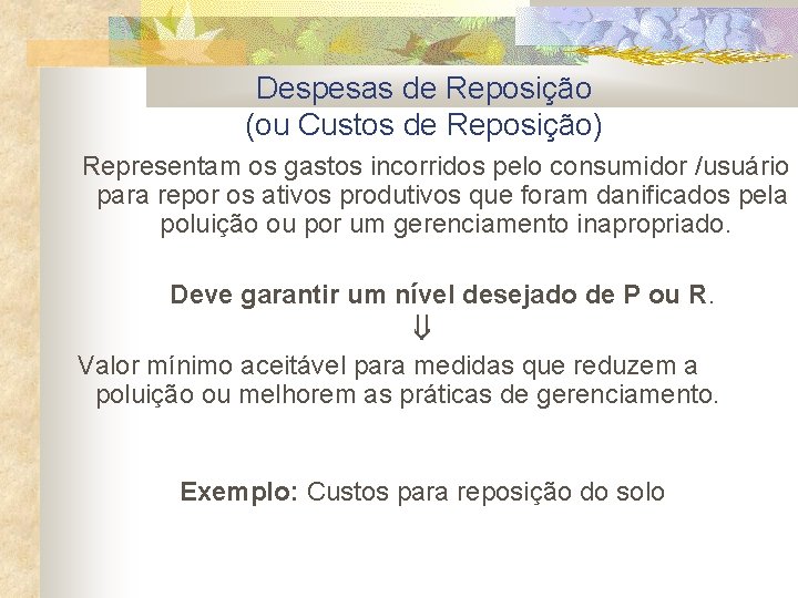 Despesas de Reposição (ou Custos de Reposição) Representam os gastos incorridos pelo consumidor /usuário