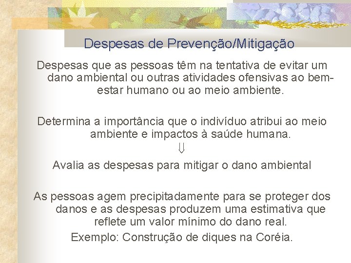 Despesas de Prevenção/Mitigação Despesas que as pessoas têm na tentativa de evitar um dano