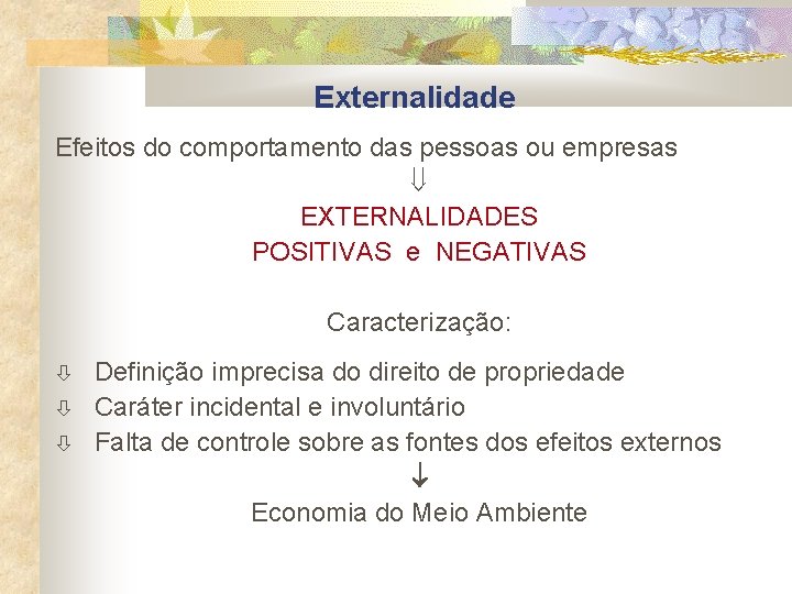 Externalidade Efeitos do comportamento das pessoas ou empresas EXTERNALIDADES POSITIVAS e NEGATIVAS Caracterização: Definição