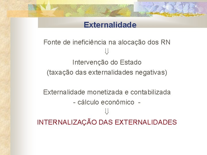 Externalidade Fonte de ineficiência na alocação dos RN Intervenção do Estado (taxação das externalidades