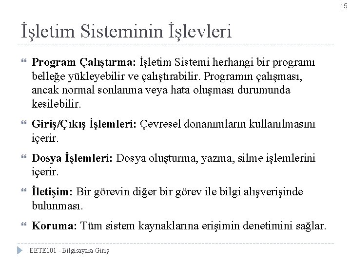 15 İşletim Sisteminin İşlevleri Program Çalıştırma: İşletim Sistemi herhangi bir programı belleğe yükleyebilir ve