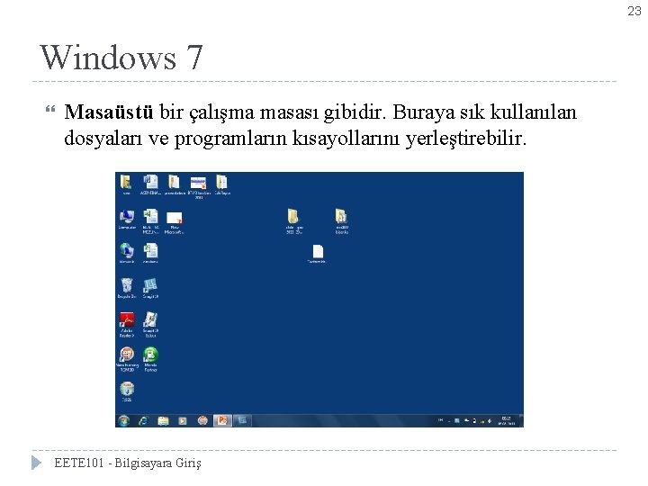 23 Windows 7 Masaüstü bir çalışma masası gibidir. Buraya sık kullanılan dosyaları ve programların
