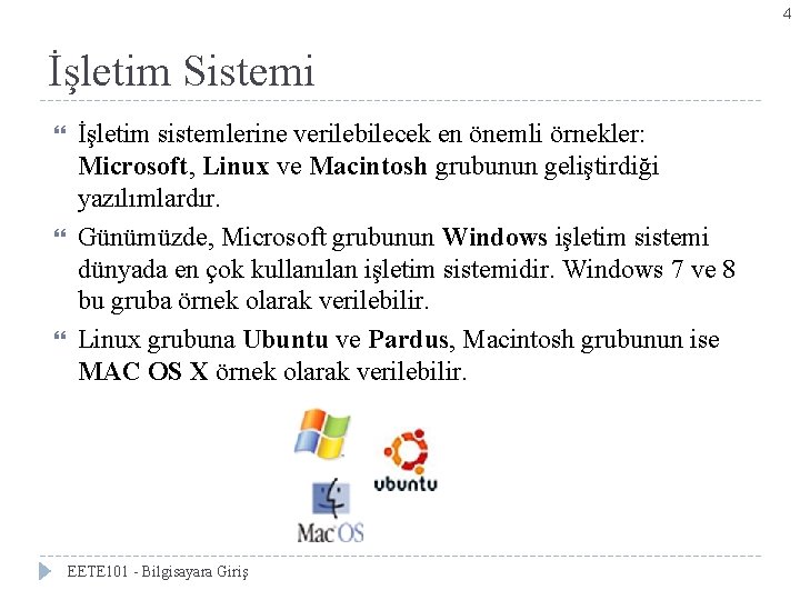 4 İşletim Sistemi İşletim sistemlerine verilebilecek en önemli örnekler: Microsoft, Linux ve Macintosh grubunun