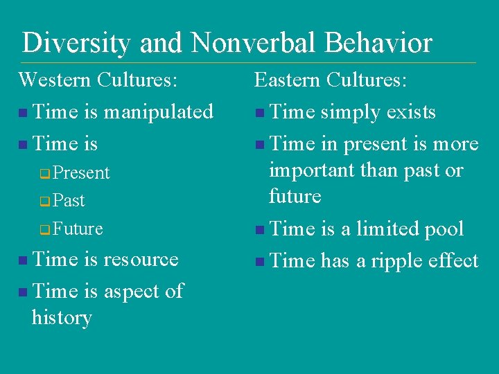 Diversity and Nonverbal Behavior Western Cultures: n Time is manipulated n Time is q