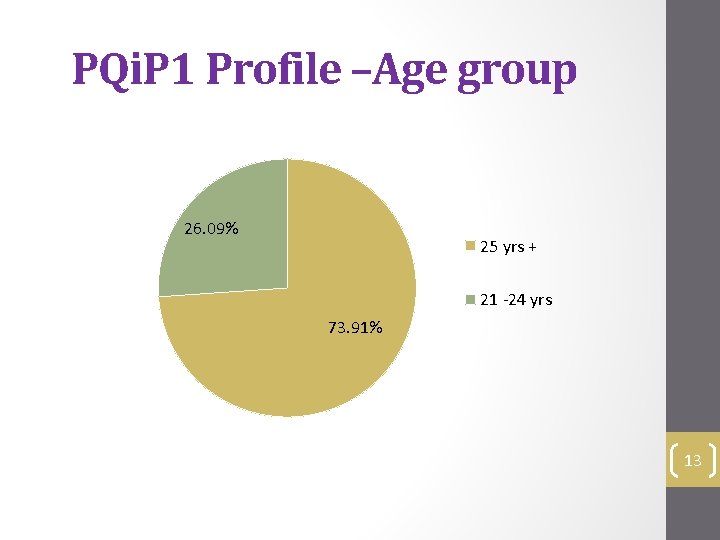 PQi. P 1 Profile –Age group 26. 09% 25 yrs + 21 -24 yrs