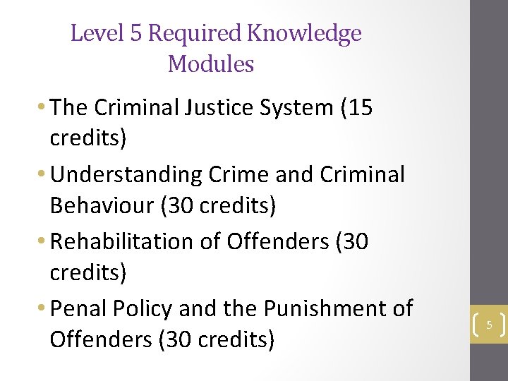 Level 5 Required Knowledge Modules • The Criminal Justice System (15 credits) • Understanding