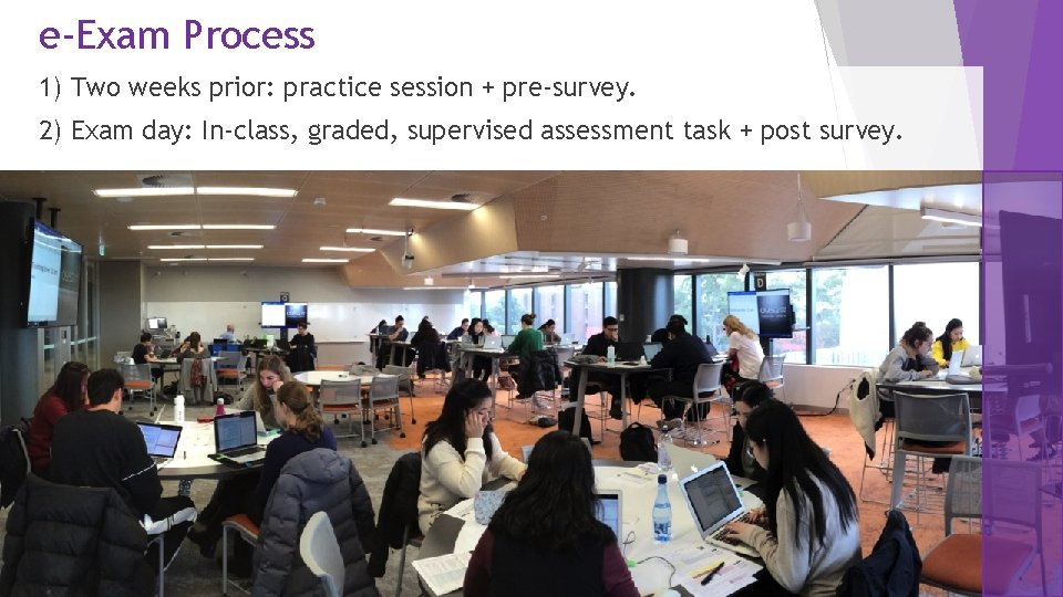 e-Exam Process 1) Two weeks prior: practice session + pre-survey. 2) Exam day: In-class,