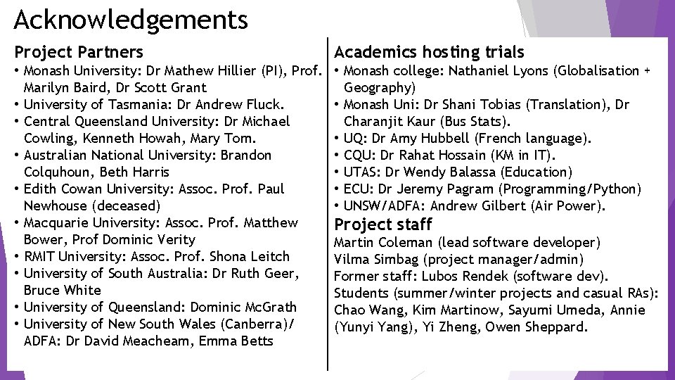Acknowledgements Project Partners Academics hosting trials • Monash University: Dr Mathew Hillier (PI), Prof.