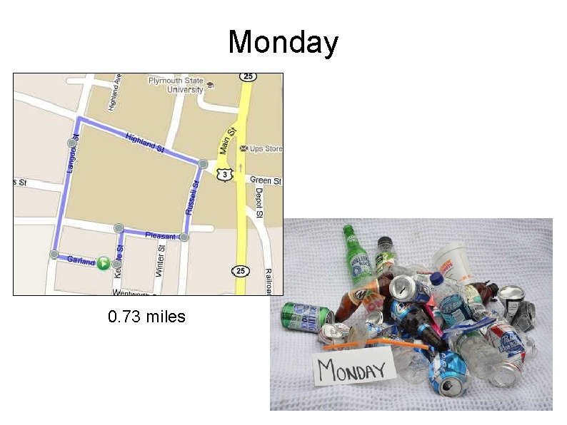 Monday 0. 73 miles Monday 0. 73 miles