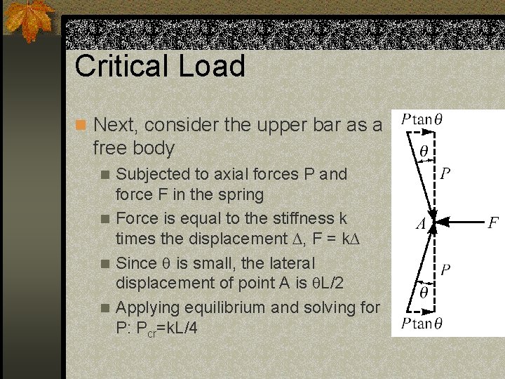 Critical Load n Next, consider the upper bar as a free body Subjected to