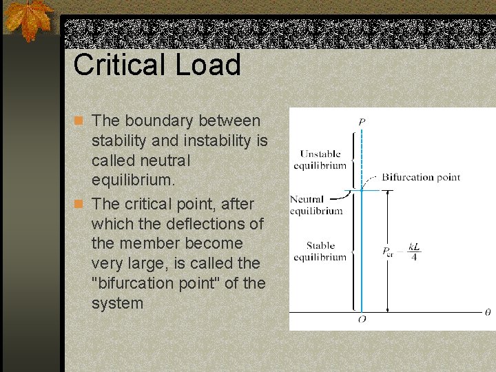 Critical Load n The boundary between stability and instability is called neutral equilibrium. n