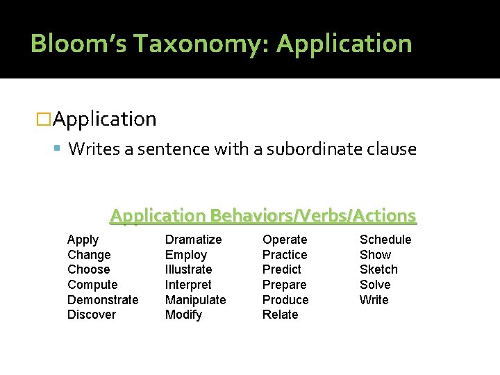 Bloom’s Taxonomy: Application �Application Writes a sentence with a subordinate clause Application Behaviors/Verbs/Actions Apply