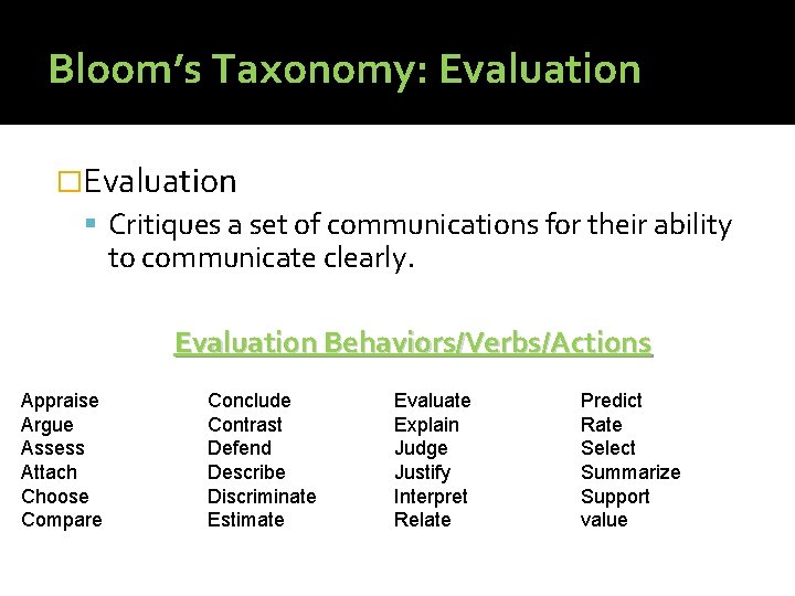 Bloom’s Taxonomy: Evaluation �Evaluation Critiques a set of communications for their ability to communicate