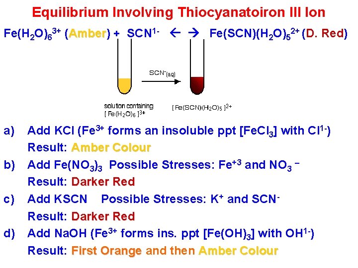 Equilibrium Involving Thiocyanatoiron III Ion Fe(H 2 O)63+ (Amber) Amber + SCN 1 -