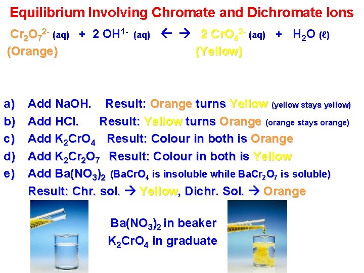 Equilibrium Involving Chromate and Dichromate Ions Cr 2 O 72 - (aq) + 2