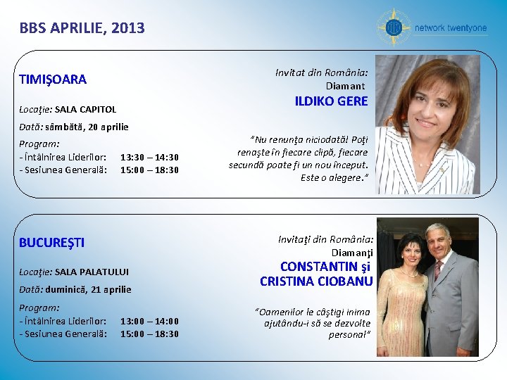 BBS APRILIE, 2013 Invitat din România: Diamant TIMIŞOARA ILDIKO GERE Locaţie: SALA CAPITOL Dată: