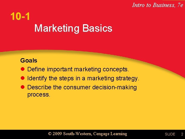 Intro to Business, 7 e 10 -1 Marketing Basics Goals l Define important marketing