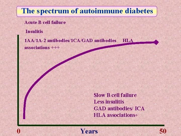 The spectrum of autoimmune diabetes Acute B cell failure Insulitis 1 AA/1 A-2 antibodies/1