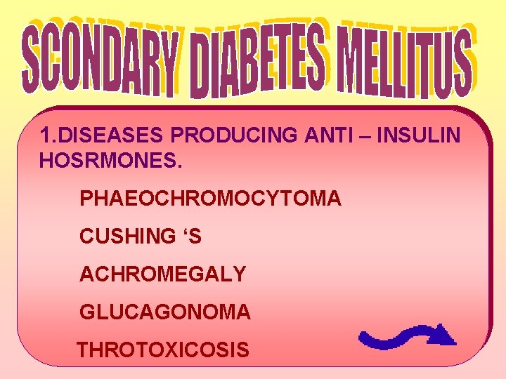 1. DISEASES PRODUCING ANTI – INSULIN HOSRMONES. PHAEOCHROMOCYTOMA CUSHING ‘S ACHROMEGALY GLUCAGONOMA THROTOXICOSIS 