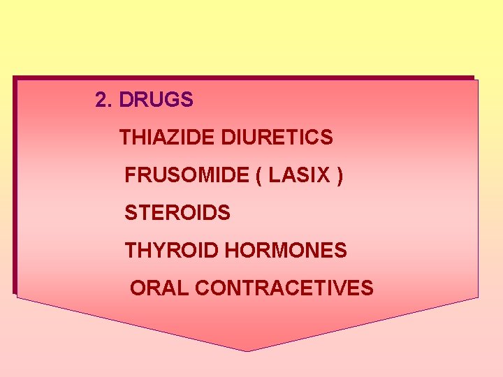 2. DRUGS THIAZIDE DIURETICS FRUSOMIDE ( LASIX ) STEROIDS THYROID HORMONES ORAL CONTRACETIVES 