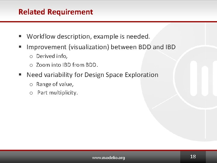 Related Requirement § Workflow description, example is needed. § Improvement (visualization) between BDD and