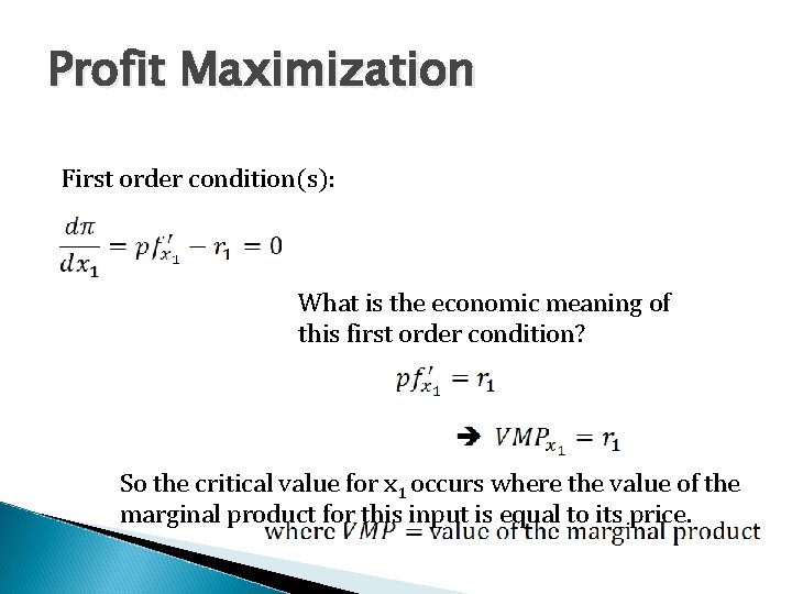 Profit Maximization First order condition(s): What is the economic meaning of this first order