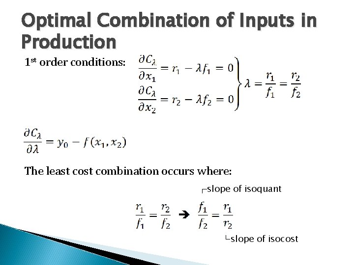 Optimal Combination of Inputs in Production 1 st order conditions: The least combination occurs