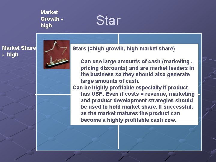 Market Growth high Market Share - high Stars (=high growth, high market share) Can
